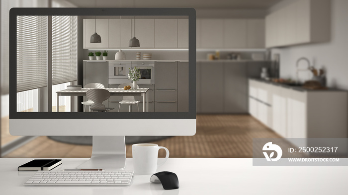 建筑师住宅项目概念，白色办公桌上的台式电脑显示白色木制厨房，m