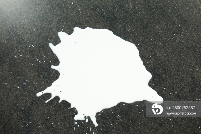 白色牛奶洒在深色地板表面并飞溅的俯视图。起球牛奶概念。