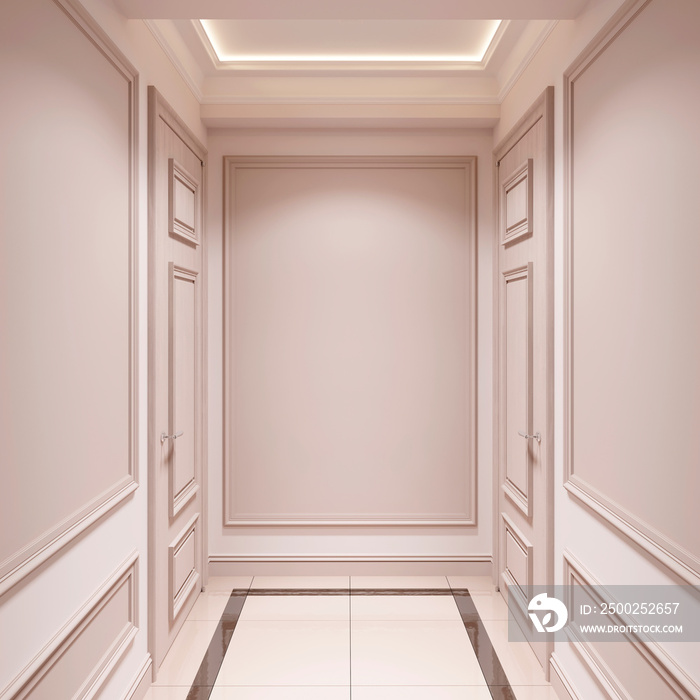 Beige classic hallway interior with moldings and two doors. Front view. 3d render