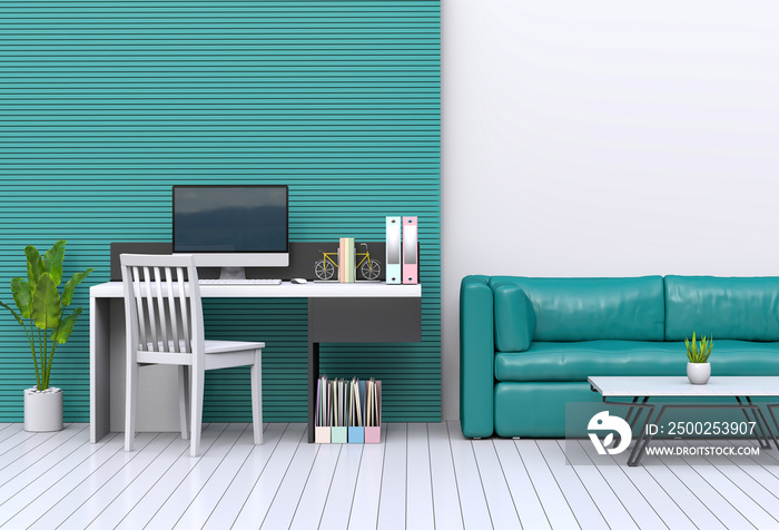 3D render of interior modern living room workspace with desk and desktop computer