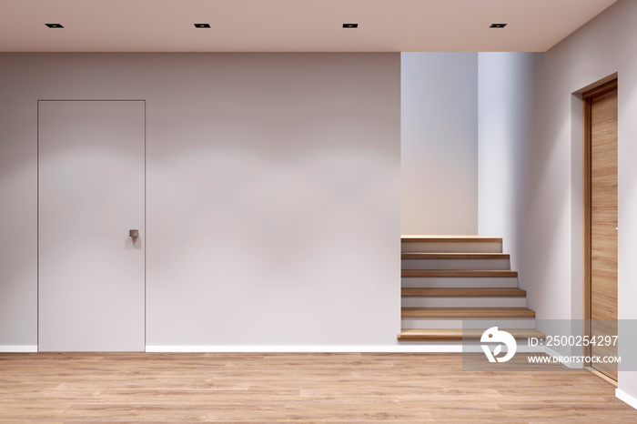 3d illustration. An empty entrance hall with stairs, doors, picture, and console