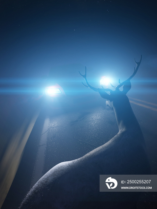 3d rendered illustration of a deer infront of a car