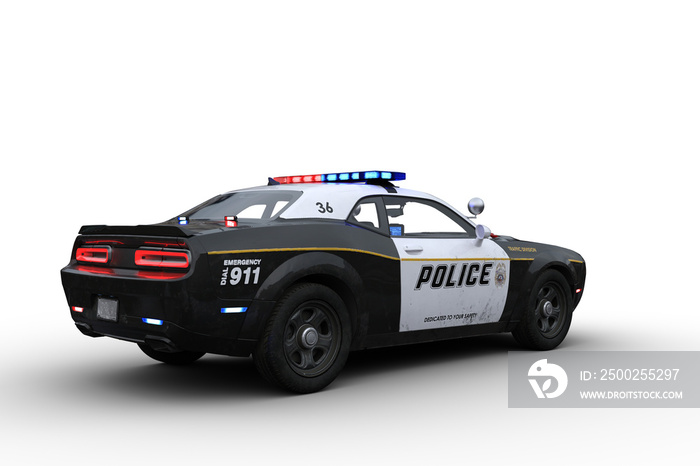 Rear perspective 3D rendering of a black and white american police car isolated on white.