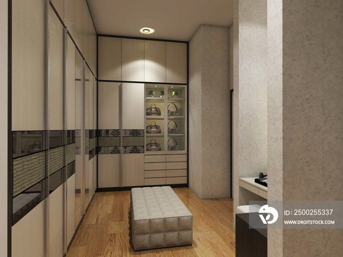 modern fitting room interior with wardrobe clothes