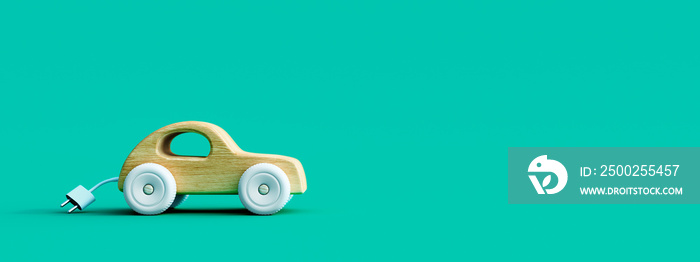 Wooden car toy with electrical plug on green background 3D Rendering