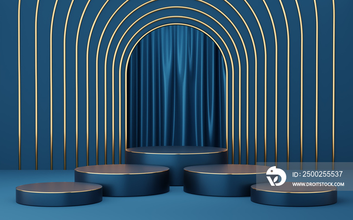 5 Empty blue cylinder podium with gold border on blue arch and curtain background. Abstract minimal 