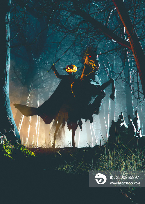 Knight without head riding demon horse in a spooky forest in the foggy night - concept art - 3D rend