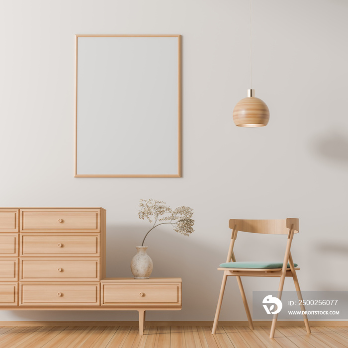 Mock up poster frame in scandinavian style interior with wooden furnitures. Minimalist interior desi