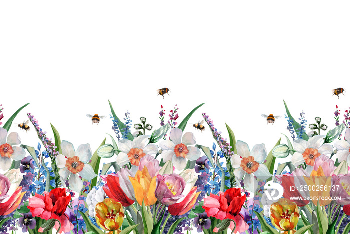 Coupon seamless pattern of wild flowers tulips, daffodil, poppy, cornflower with buds, leaves and fl
