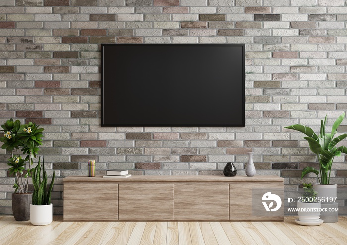 客厅砖墙上的电视，地板上有木橱柜和花盆。3d效果图。
