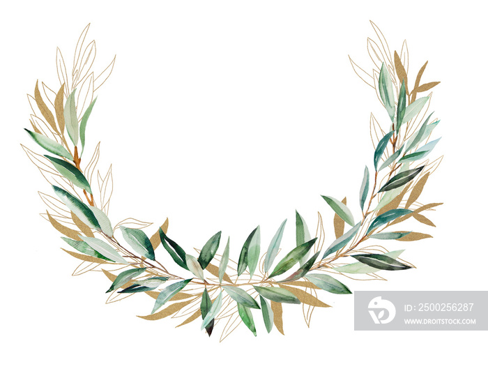 Watercolor Olive branch gold frame illustration