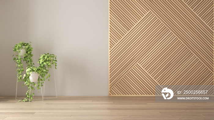 Empty room with wooden panel and potted plant, parquet floor. White wall background with copy space.