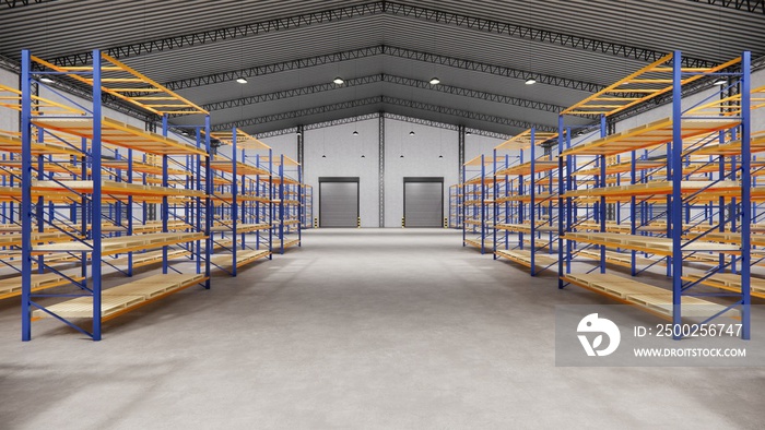 Warehouse with cardboard boxes inside on pallets racks, logistic center. Loft modern warehouse. Card