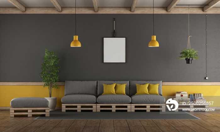 Gray and yellow living room with pallet sofa