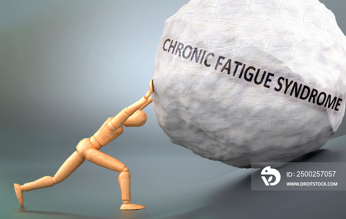 Depiction of Chronic fatigue syndrome  shown a wooden model pushing heavy weight to symbolize strugg