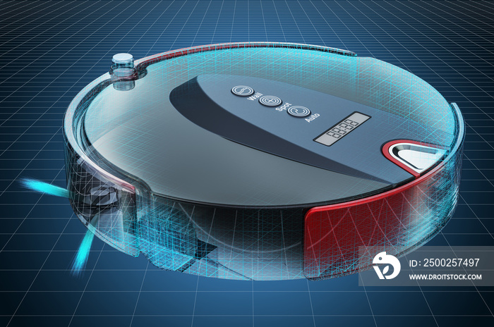 Visualization 3d cad model of robotic vacuum cleaner, blueprint. 3D rendering