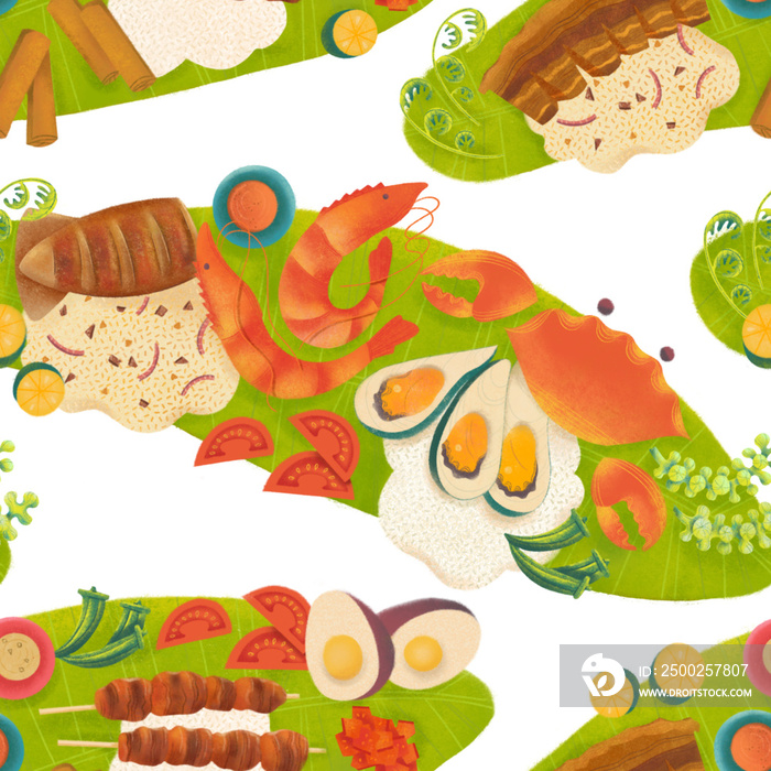 Filipino boodle fight food spread with seafood and meat spreads on separate banana leaves illustrate