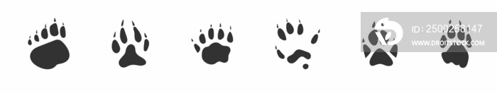 动物脚印，爪印。一组不同的动物和鸟类脚印和痕迹。熊，狼