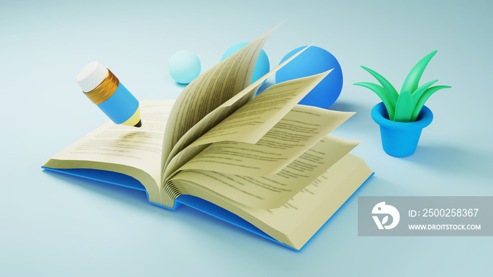 Education concept. 3d of book and pencil on blue tone background. Modern flat design isometric conce