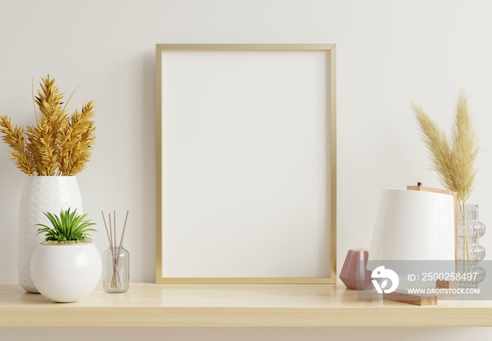 Home interior poster mock up with vertical gold frame with ornamental plants in pots on empty wall b