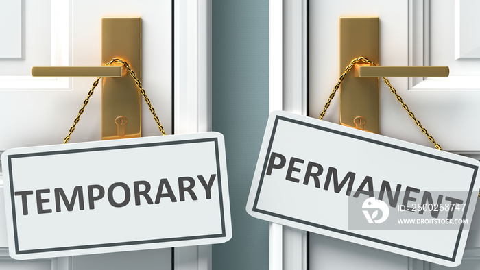 Temporary or permanent as a choice in life - pictured as words Temporary, permanent on doors to show