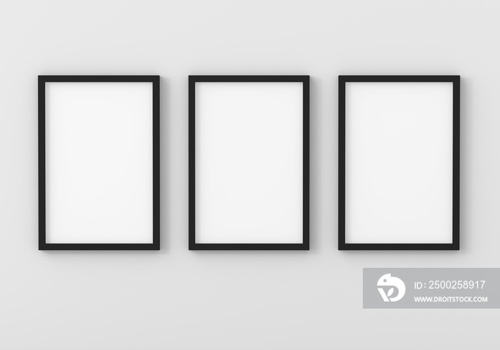 三个空相框，用于空白色房间中的实体模型，3D渲染，3D插图
