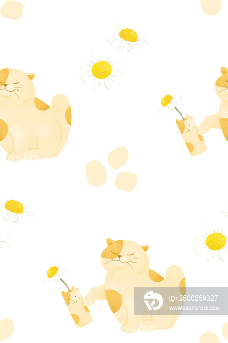 cute chubby beige cat knocking off a vase seamless pattern on transparent background