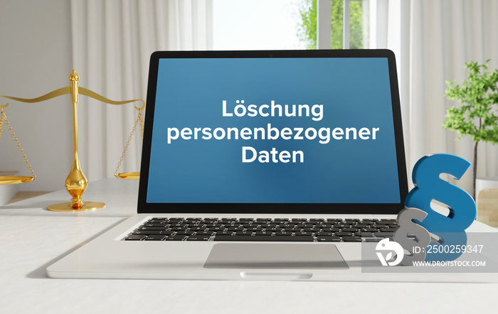 Löschung personenbezogener Daten. Recht, Gesetz, Internet. Laptop im Büro mit Begriff auf dem Monito