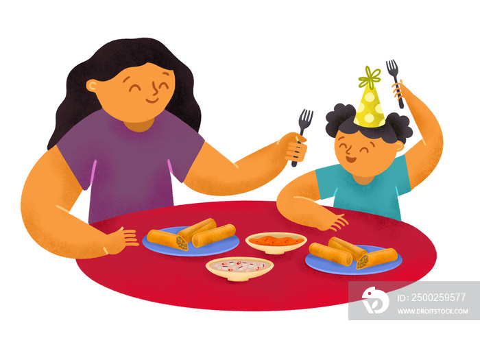 Filipino mother and daughter eating lumpia fried spring roll during a birthday