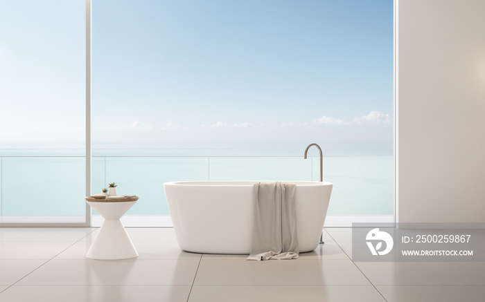 View of bathtub with side table and towel on sea view background,Modern interior design with timber 