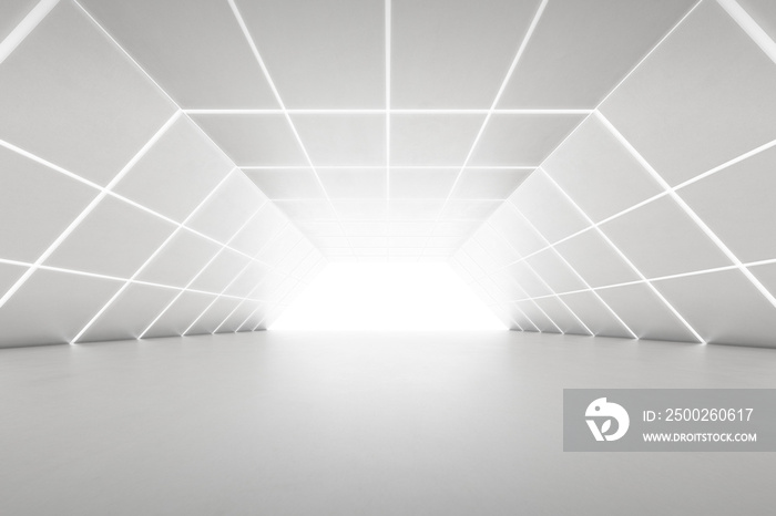 抽象的未来隧道室的三维渲染，墙上有灯光。科幻概念。