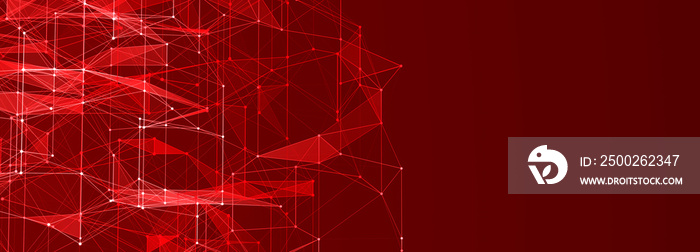 Red abstract polygonal space with connecting dots and lines. Dark background. Connection structure. 