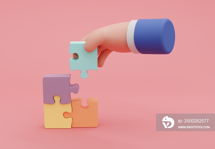 3D illustration Concept of business,hand holding a puzzle piece on jigsaw puzzle background.