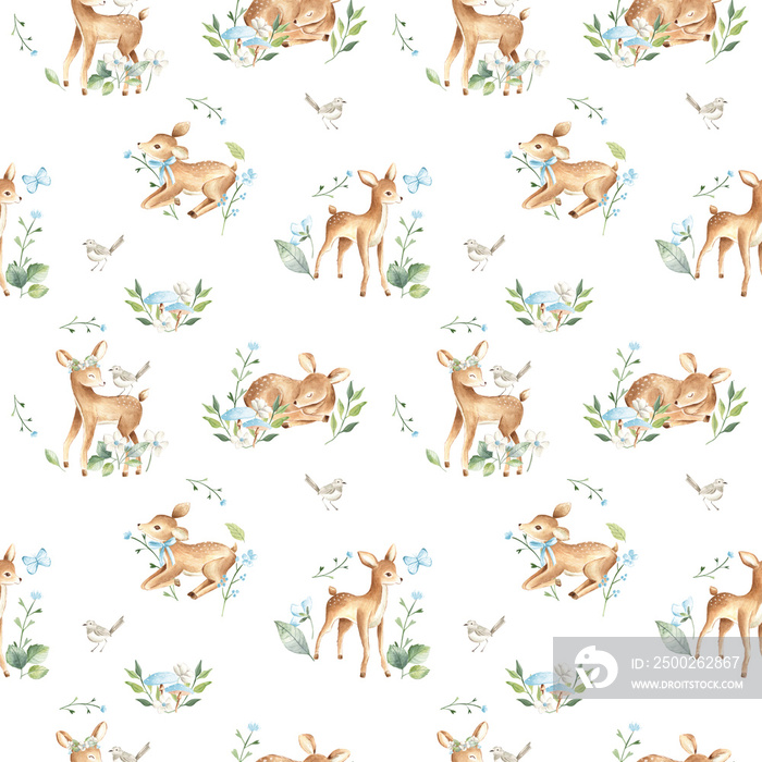 Watercolor baby deers forest woodland animals with blue flowers illustration pattern