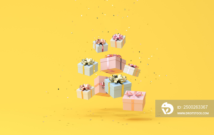 Minimal trendy scene of falling gift boxes on golden confetti particles background, 3D rendering.