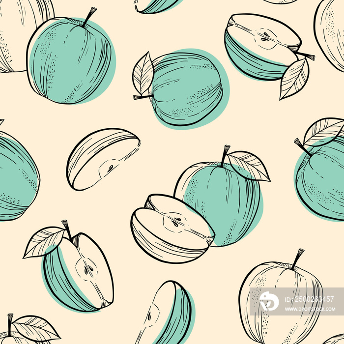 Retro green apple seamless pattern. Fresh organic healthy fruit background.