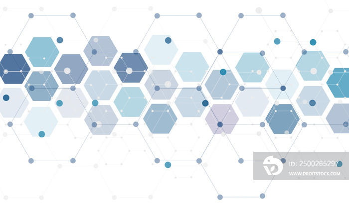 白色背景上的蓝色六边形图案，用于设计基因研究、医疗保健、科学和