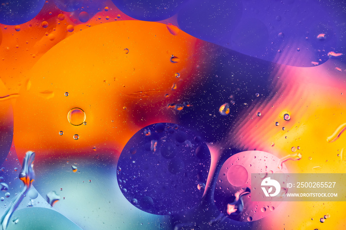 Mixing water and oil drops. Macro Colorful background. Fluid gradient inks modern creative design. 3