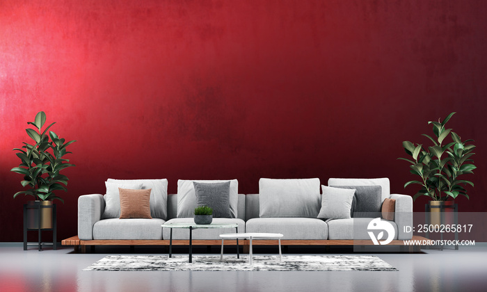 Modern living room design and red concrete wall texture background