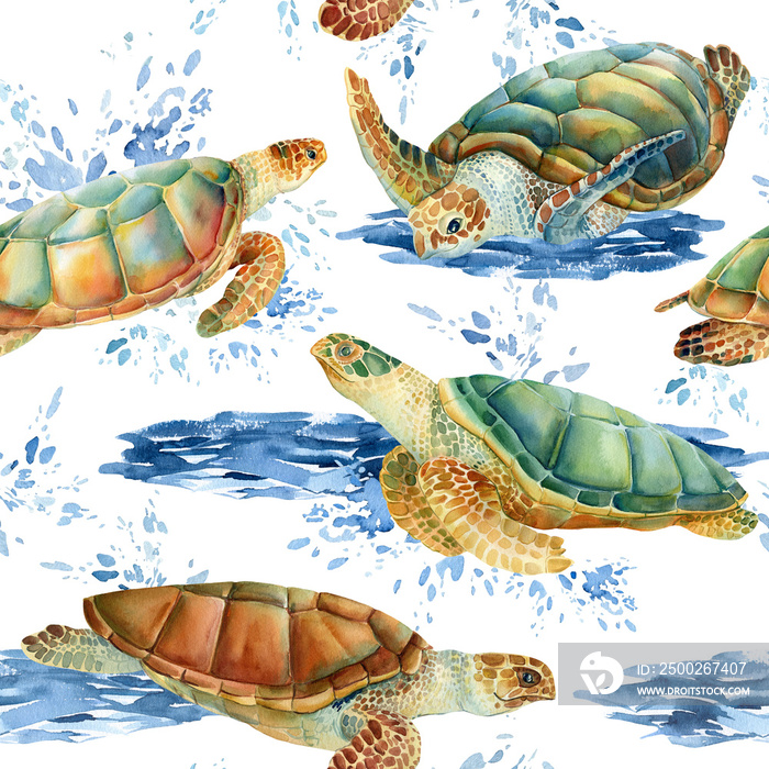 Sea turtles watercolor, nature background, seamless pattern