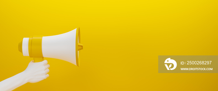 yellow and white megaphone held by a white hand on yellow background. 3d render. copyspace