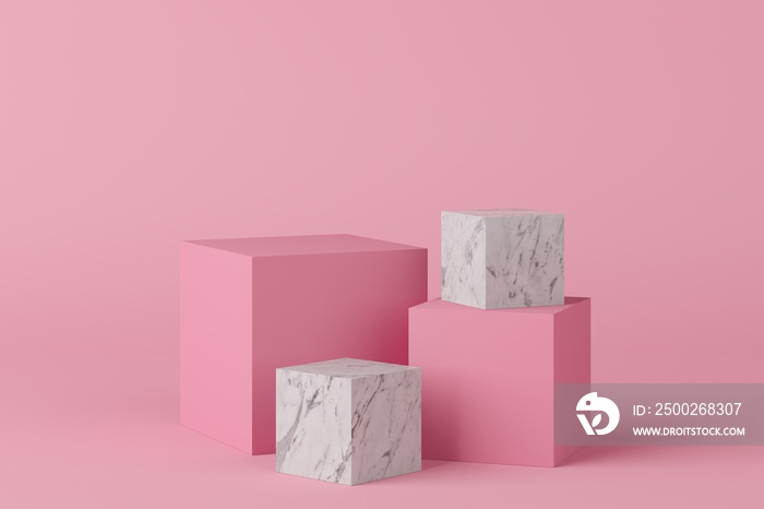 Abstract geometry shape pink color podium with marble on pink background for product. minimal concep
