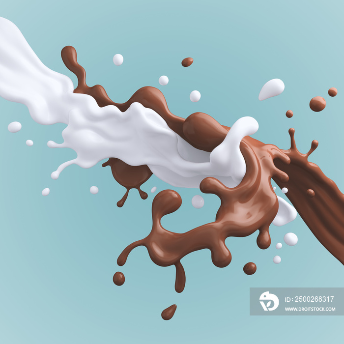 Splash of chocolate and milk flow mixed, include clipping path, 3d illustration.