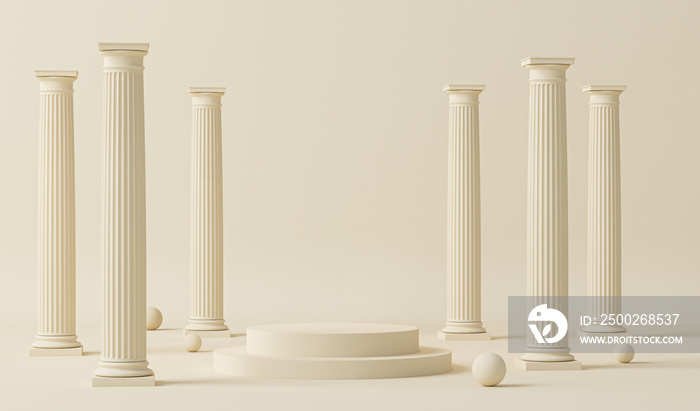 Podium pedestal in ancient Greek style. Minimal scene in pastel cream and white room with marble col