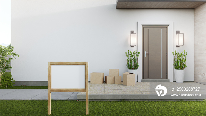 New house with wooden door and empty white wall. 3d rendering of blank sign on lawn in modern home.