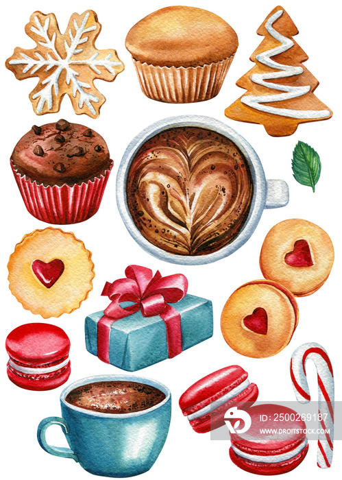圣诞饼干、纸杯蛋糕、棒棒糖、马卡龙和杯咖啡水彩画，白色背景。