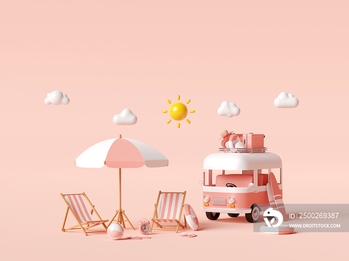 Summer vacation concept, Travel to the beach by van carrying travel accessories on pink background, 