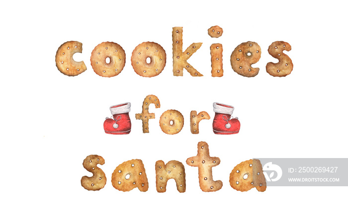 Cookies for santa - made of real cookies. Hand drawn watercolor painting isolated on white backgroun