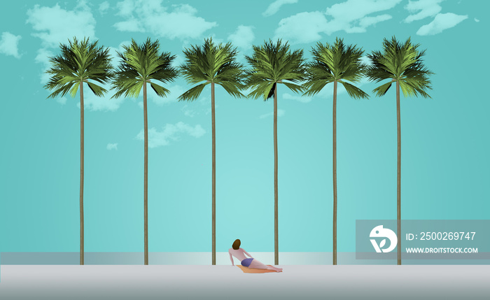 Tall palm trees and a sunbather on a white sand beach set the scene for a vacation destination