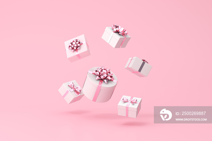 3D rendering of falling gift boxes on pink background.